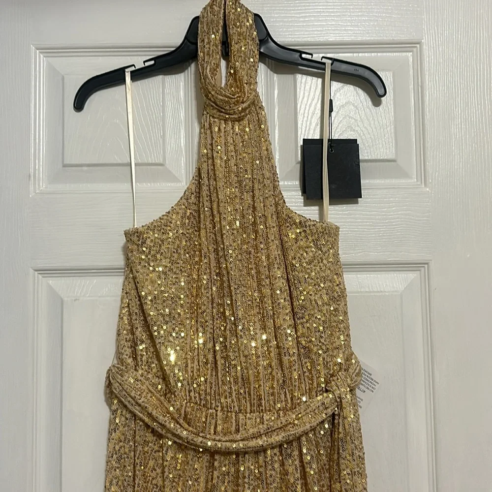MAC DUGGAL Sequined Halter Neck Belted Soft Tie Dress 11281 NWT - Picture 7 of 9